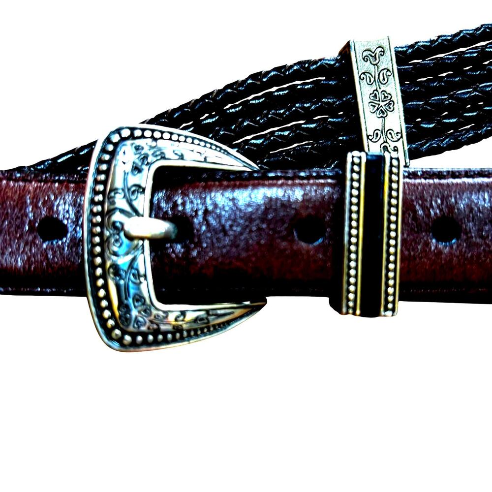 Vintage Brighton ladies dark brown braided leather belt M/L 32 silver hardware